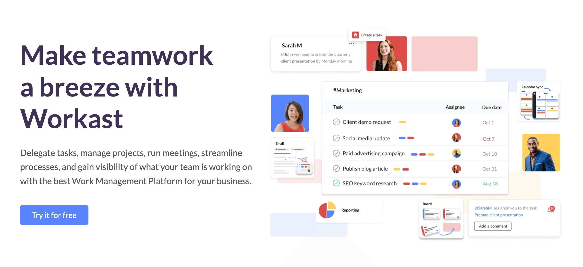 The landing page of Workast, featuring a description of a project management tool and a link to try it for free.