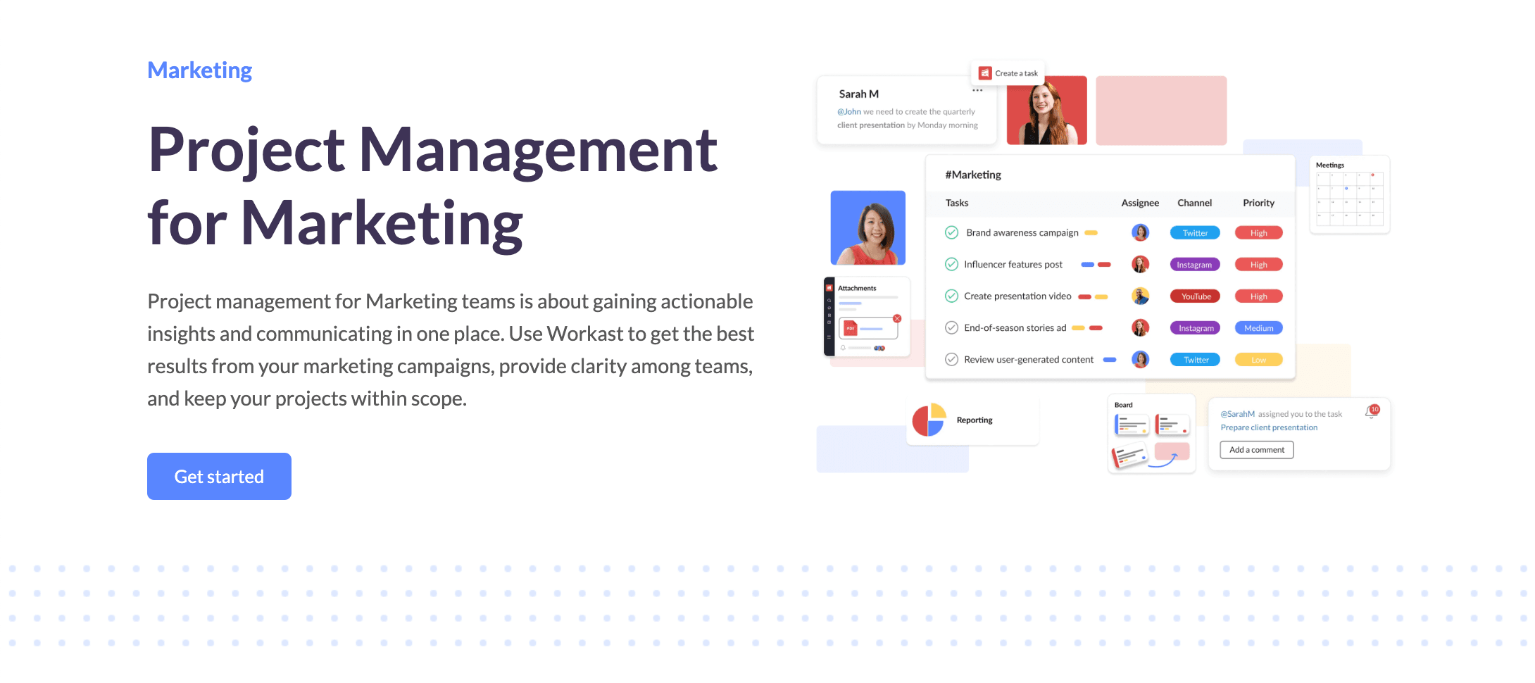 The Marketing solution page, featuring a link to get started with Workast. It includes a mock-up of a dashboard for Marketing.