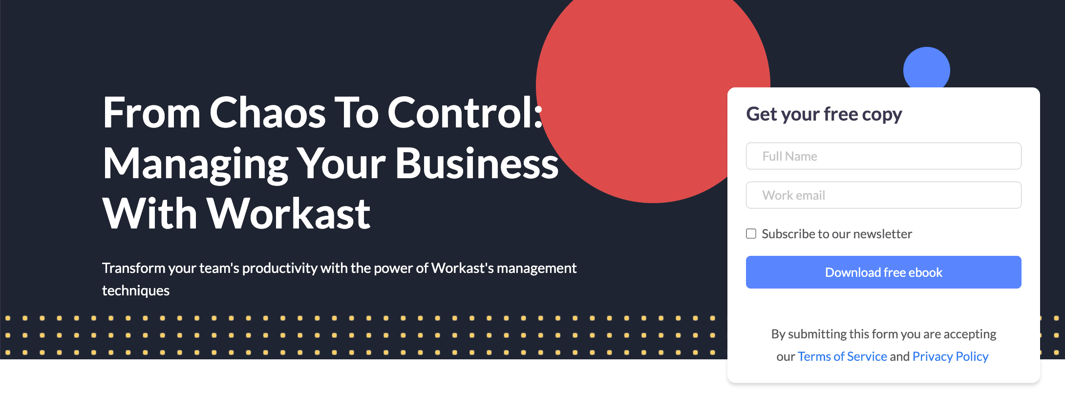 Workast's landing page for the e-book "From Chaos to Control: Managing your Business with Workast" and a form to download a free copy.