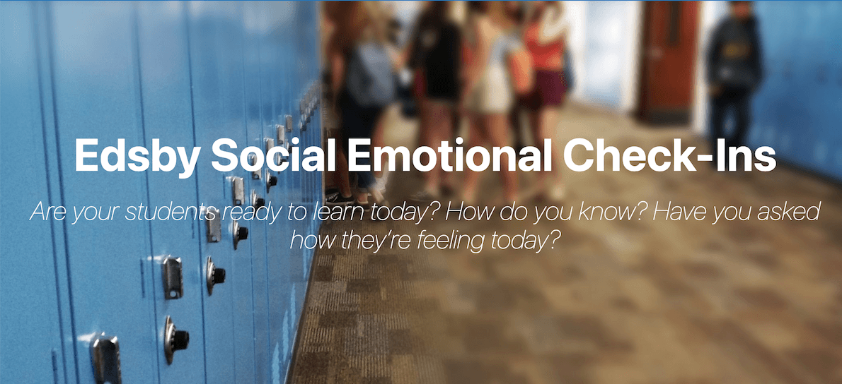 Edsby's Social Emotional Check-Ins landing page, featuring an image of a school hall and children in the background.