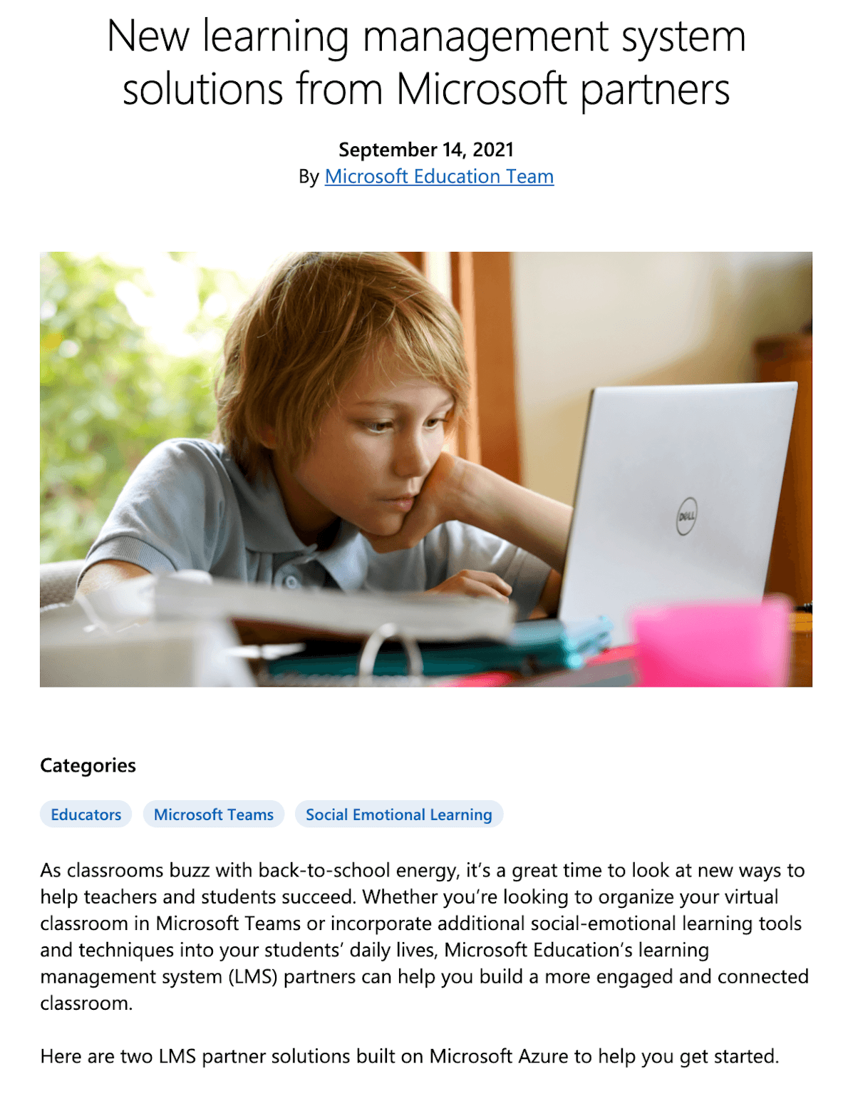 An article in the Microsoft Education blog featuring Edsby. It includes an image of a child looking at a computer.