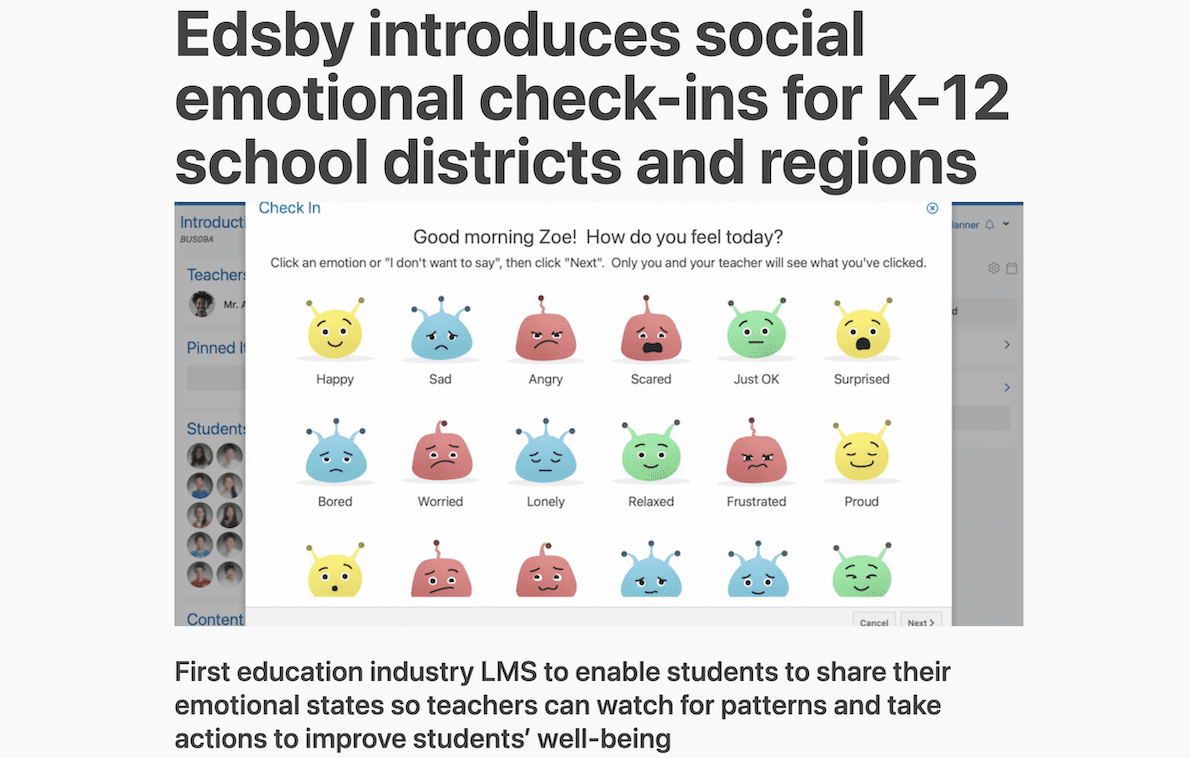 Press release for Edsby's Social Emotional Check-Ins. It includes an image of the tool with the possible emotions to choose from.