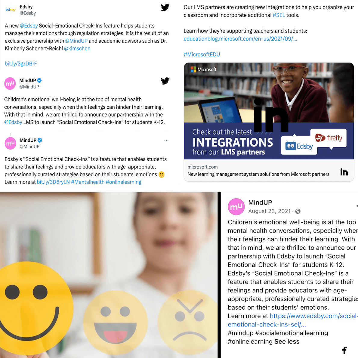 A collage of social media posts. One tweet by Edsby. Two tweets, and a Facebook post by MindUp. A LinkedIn post by Microsoft Education.