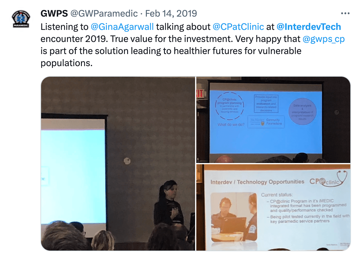 A tweet by @GWParamedic which includes images of the CP@clinic keynote featuring Dr. Gina Agarwal